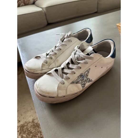 Golden Goose Shoes - Golden Goose Hi Star Sneakers Womens EU 38 White Leather Glitter Star Blue Heel